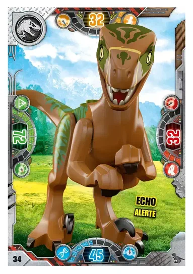 Carte de dinosaure raptor marron avec motifs verts dans un décor naturel pour le jeu LEGO Jurassic World.