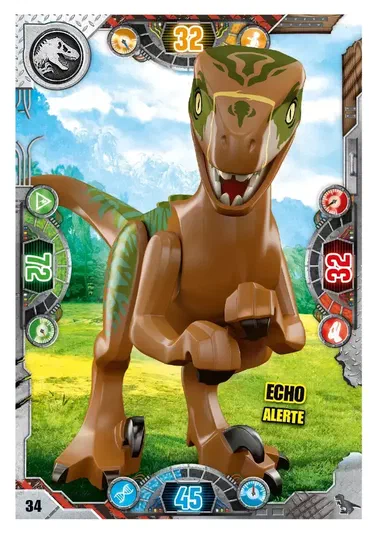Carte de dinosaure raptor marron avec motifs verts dans un décor naturel pour le jeu LEGO Jurassic World.