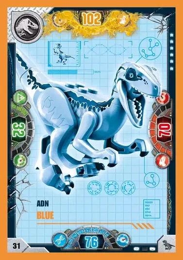 Carte de collection LEGO Jurassic World présentant un Velociraptor bleu stylisé en briques avec les informations ADN Blue et le numéro 31.