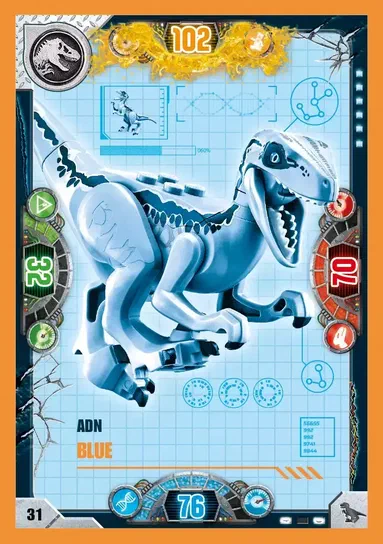 Carte de collection LEGO Jurassic World présentant un Velociraptor bleu stylisé en briques avec les informations ADN Blue et le numéro 31.