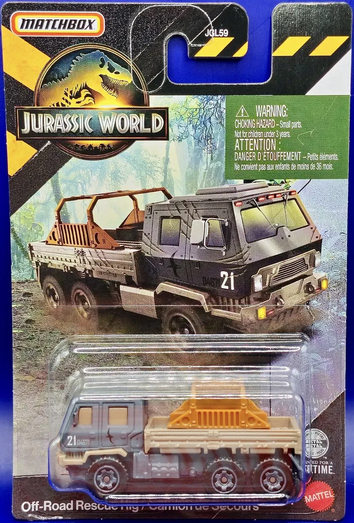 Carte de collection Matchbox Jurassic World 2026 du véhicule Off-Road Rescue Rig (référence JGK99) présenté dans son emballage en plastique transparent avec des logos et un avertissement sur la boîte.