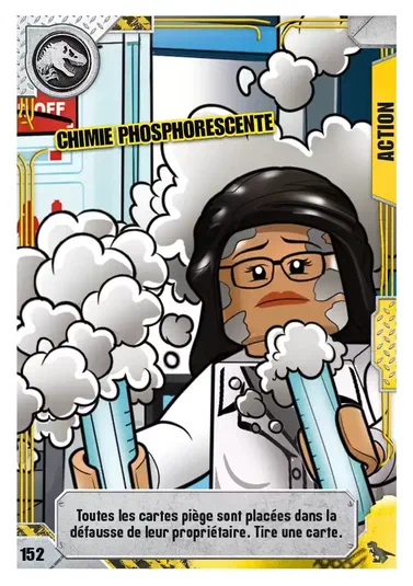 Carte de jeu LEGO Jurassic World numéro 152, intitulée Chimie phosphorescente, montrant un scientifique tenant deux tubes fumants dans un laboratoire.