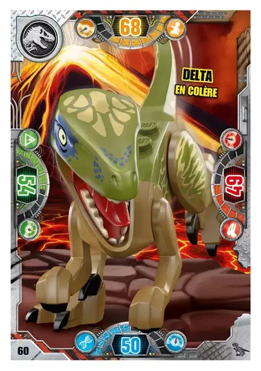Carte de collection LEGO Jurassic World présentant le dinosaure Delta vert en colère et ses statistiques.