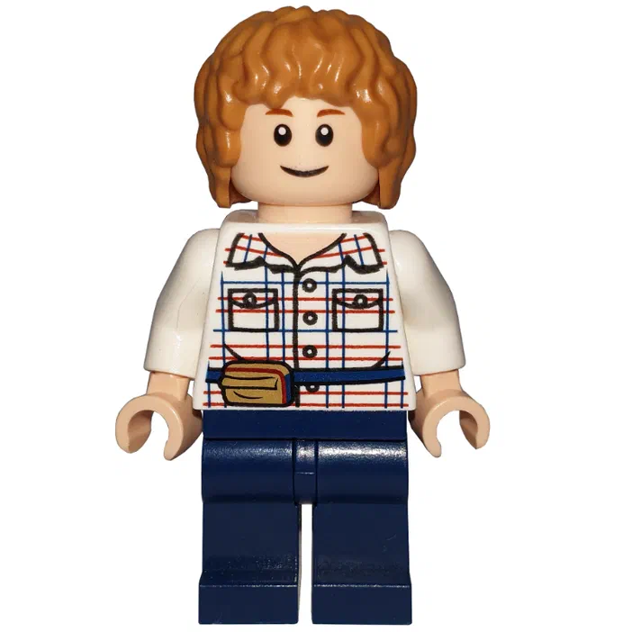 Minifigurine LEGO de Gray Mitchell aux cheveux bruns bouclés, vêtue d'une chemise blanche rayée bleue et rouge avec un sac marron.
