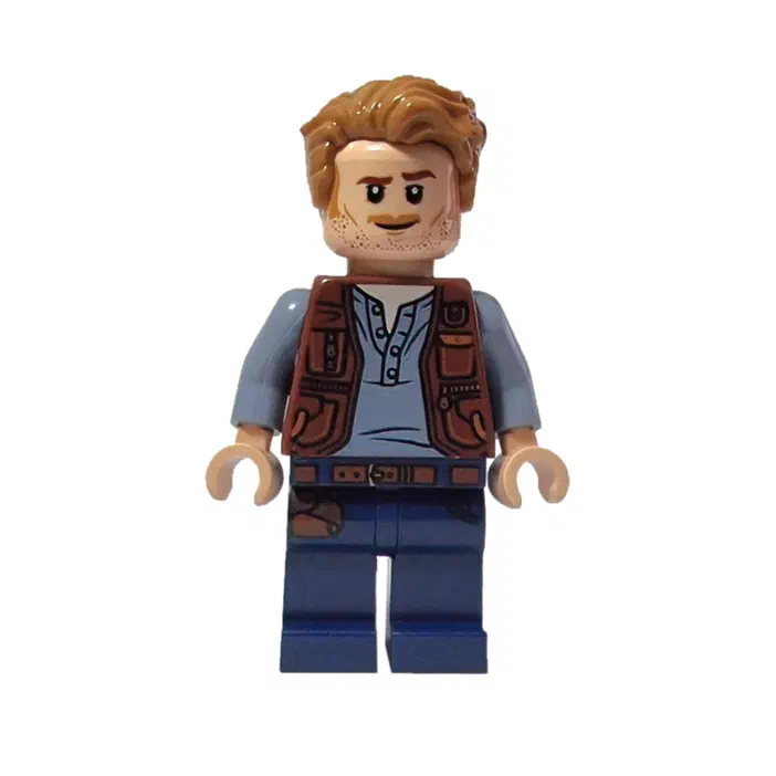 Minifigurine LEGO d'Owen Grady aux cheveux roux et barbe, portant une veste marron à plusieurs poches.