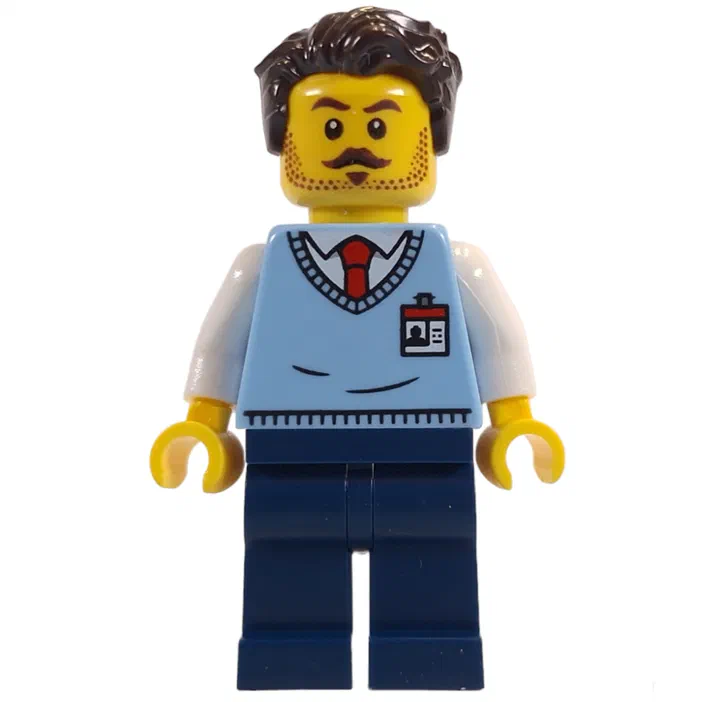 Minifigurine d'un employé du musée avec des cheveux bruns foncés, portant un gilet bleu clair à col blanc et cravate rouge imprimée.