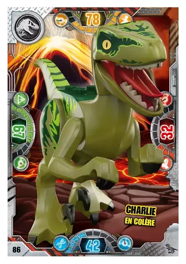 Carte à collectionner Lego Jurassic World présentant un dinosaure vert nommé Charlie en colère.