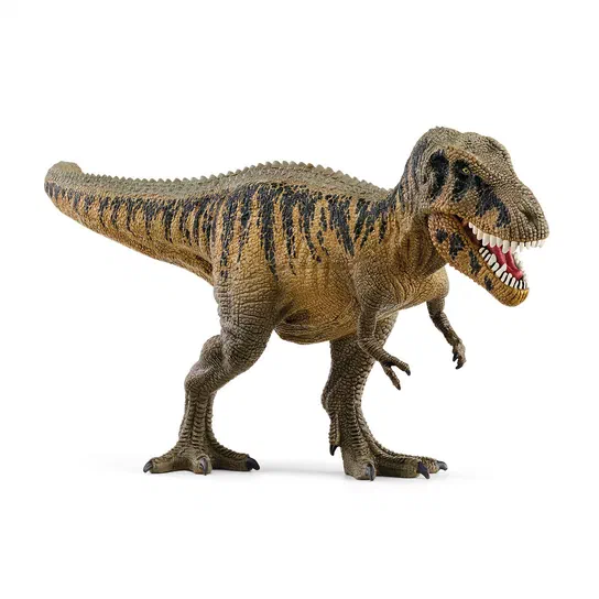 Figurine d'un Tarbosaurus, dinosaure bipède de couleur marron avec des motifs sombres sur le dos et la gueule ouverte montrant ses dents blanches.