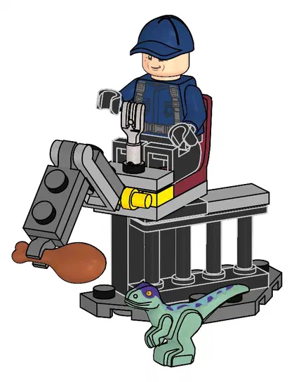 Un garde Lego en uniforme bleu tenant une fourche, assis sur un siège rouge avec des colonnes grises. Un dinosaure vert et violet se tient devant lui.