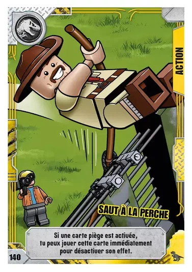 Carte de jeu LEGO Jurassic World intitulée Saut à la perche, montrant un personnage utilisant sa perche pour s'élever et désactiver une carte piège.