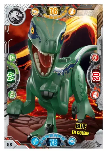 Carte de collection LEGO Jurassic World (série 2) numéro 058 représentant le dinosaure Blue en colère dans une posture agressive.