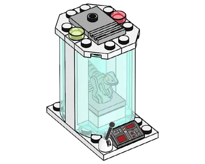 Incubateur LEGO transparent contenant un bébé raptor, muni d'un panneau de contrôle noir à écran rouge et de boutons colorés sur le dessus.