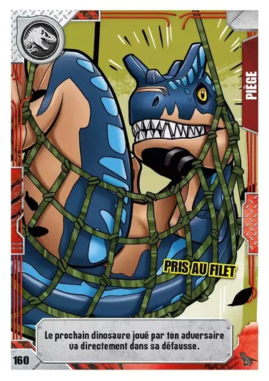 Carte d'un dinosaure bleu pris au piège dans un filet vert avec l'inscription 'PRIS AU FILET', issue du jeu de cartes à collectionner LEGO Jurassic World.