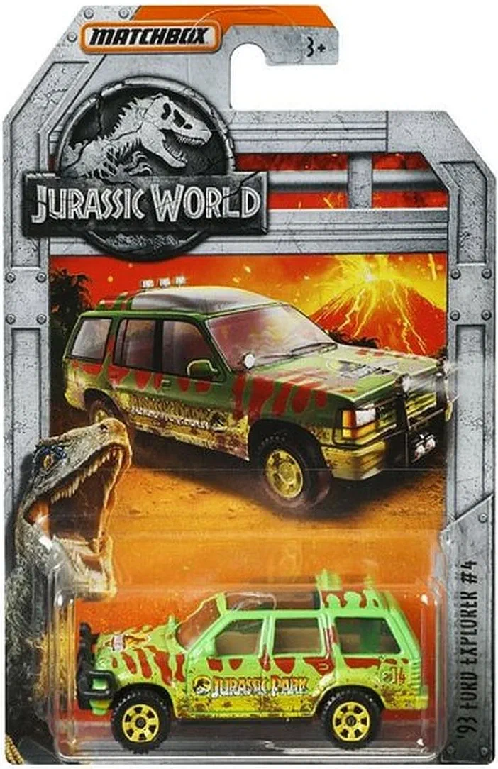 Emballage d'un jouet Matchbox représentant une Ford Explorer verte aux motifs rouges et jaunes inspirée de Jurassic Park.
