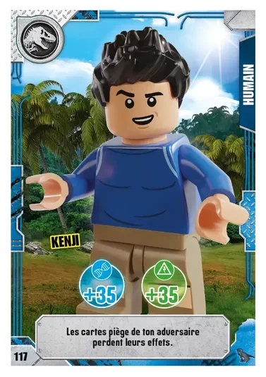 Carte à collectionner LEGO Jurassic World Série 2 numéro 117 montrant la figurine Kenji avec ses attributs et sa capacité.