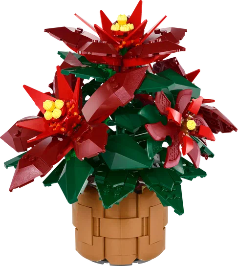 Plante de poinsettia construite avec des briques LEGO, présentant plusieurs fleurs rouges et jaunes ainsi que des feuilles vertes dans un pot marron.