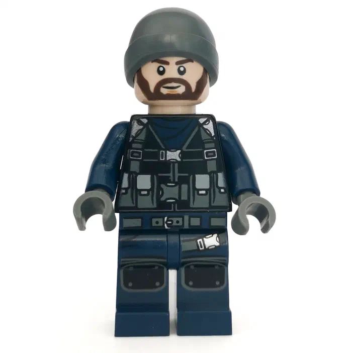 Figurine LEGO d'un gardien portant un bonnet gris foncé et des vêtements bleu-gris.