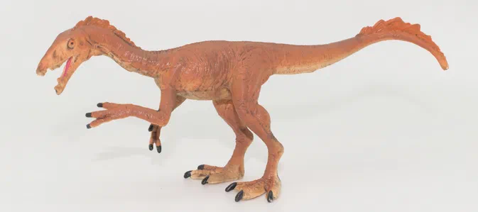 A modèle en plastique d'un dinosaure théropode orange debout sur fond blanc, la gueule ouverte montrant sa langue rose et ses griffes noires.