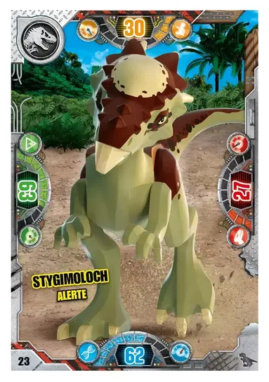 Carte de collection LEGO Jurassic World présentant le dinosaure Stygimoloch en version blocs verts et marrons.