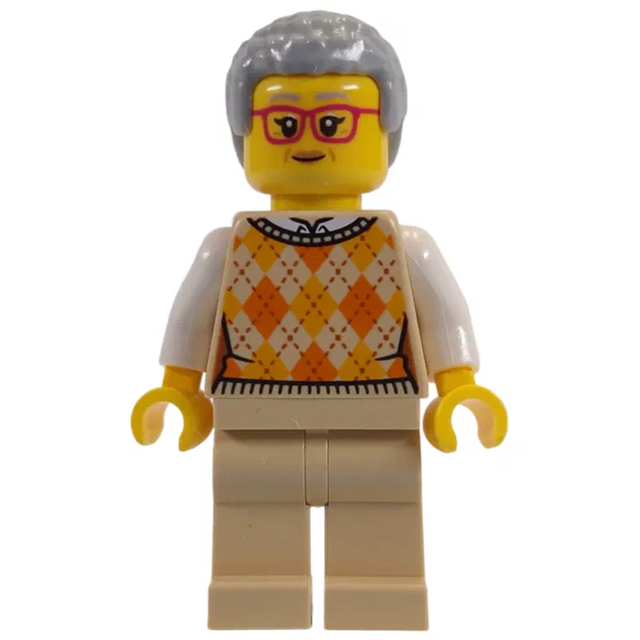 Figurine LEGO de l'ensemble Natural History Museum avec les cheveux gris clair, des lunettes rouges et un torse beige imprimé d'un pull orange.
