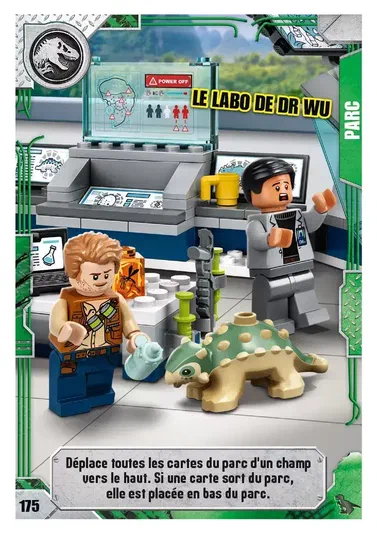 Scène de jeu LEGO Jurassic World dans un laboratoire avec deux personnages et un petit dinosaure vert au premier plan. Le titre indique 'LE LABO DE DR WU'.