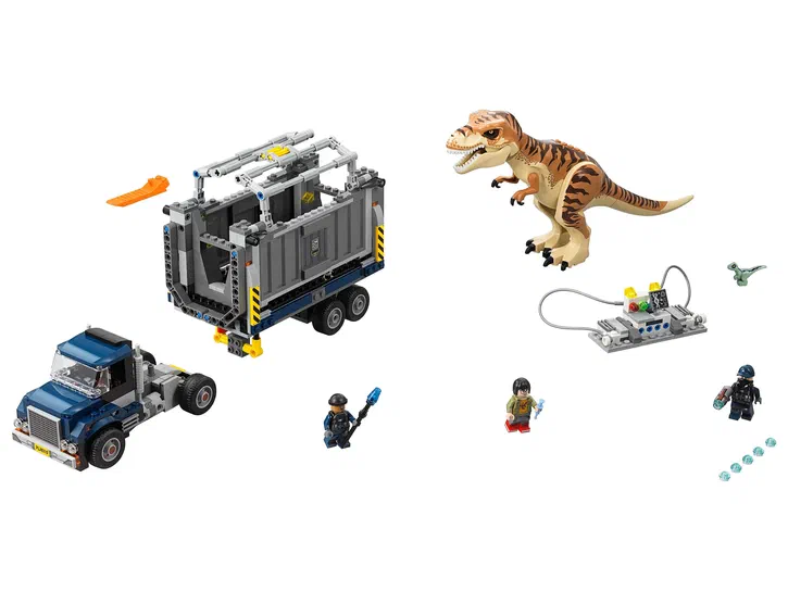 Ensemble LEGO Jurassic World T-Rex Transport avec camionnette bleue, remorque grise et dinosaure orange.