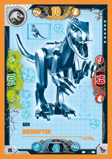 Carte de collection LEGO Jurassic World numéro 075 représentant l'Indoraptor.
