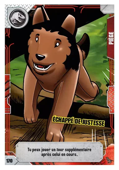Carte LEGO Jurassic World Série 2 numéro 170 intitulée 'Échappé de justesse', illustrant un chien marron en action avec des instructions de jeu dans la boîte inférieure.