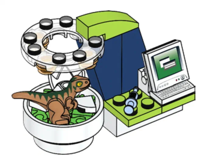 Une scène de jeu LEGO Create Dino montrant un modèle de dinosaure à l'intérieur d'un bol blanc sous une mécanique circulaire avec des disques noirs et à côté d'un moniteur informatique sur un bureau.