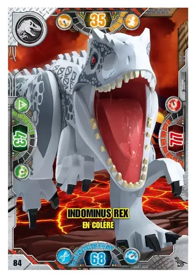 Carte de collection LEGO Jurassic World représentant un Indominus Rex blanc et gris rugissant.