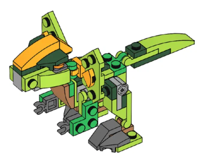 Une illustration technique montre un dinosaure Dilophosaurus construit avec des briques LEGO vertes, oranges et grises sur fond blanc.