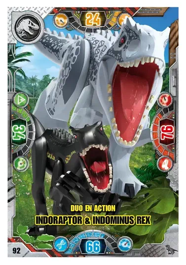 Carte de collection LEGO Jurassic World présentant un duo d'action entre l'Indoraptor et l'Indominus Rex.