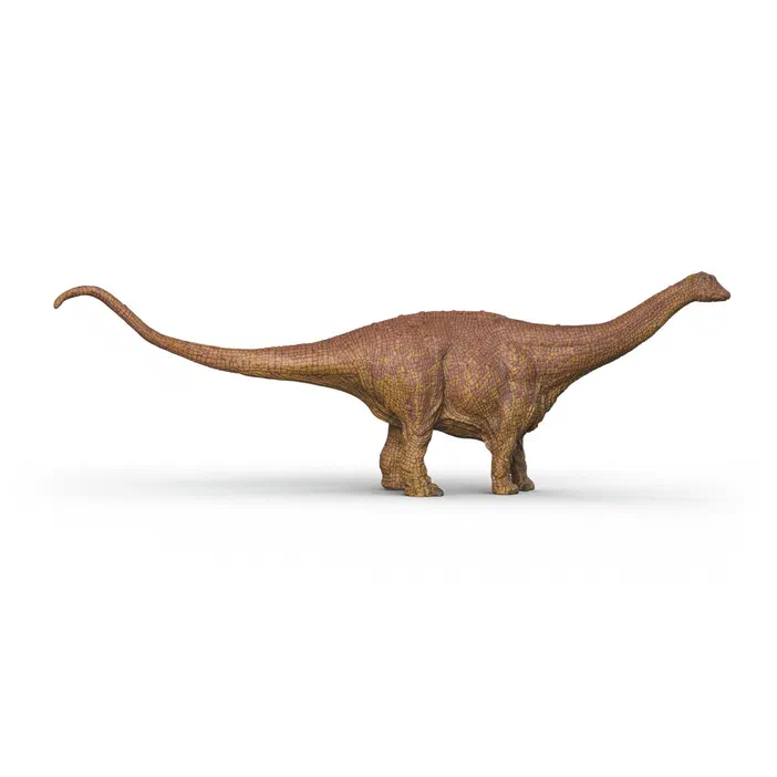 Figurine de dinosaure Brontosaurus vue de profil, colorée en brun et beige avec une texture écailleuse sur fond blanc.