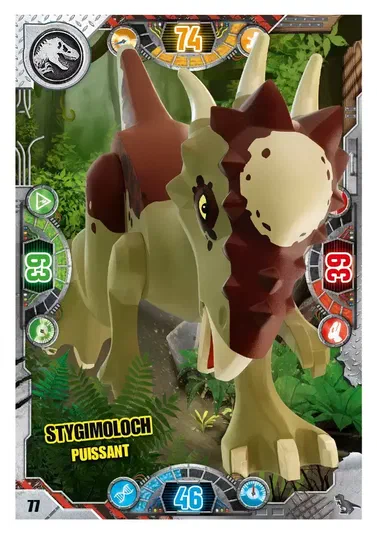 Carte LEGO Jurassic World numéro 077 représentant un Stygimoloch puissant en modèle de briques au milieu d'une végétation dense.
