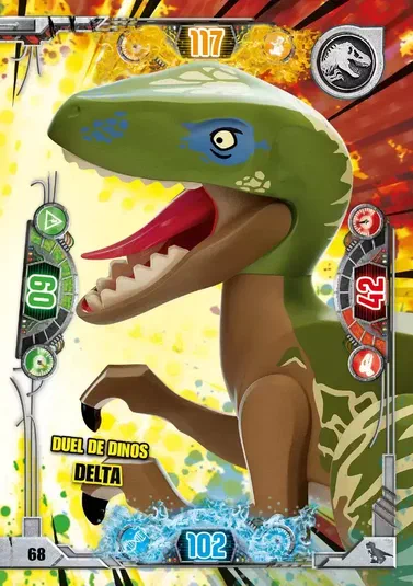 Carte LEGO Jurassic World montrant un dinosaure vert avec les inscriptions 'Duel de Dinos Delta' et le numéro 68.