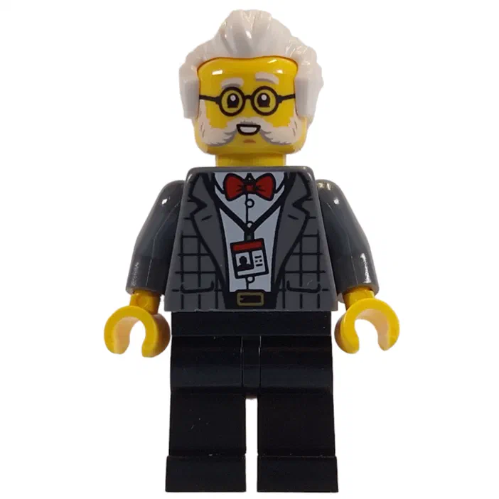 Minifigurine LEGO représentant un curateur aux cheveux blancs, barbe blanche et lunettes rondes, portant un costume gris avec un nœud papillon rouge et un badge.