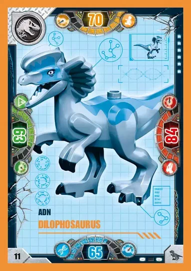 Carte LEGO Jurassic World n°11 représentant un Dilophosaurus bleu.