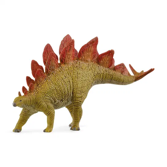 Jouet stégosaure Schleich aux plaques dorsales rouges et à la peau jaune écailleuse.