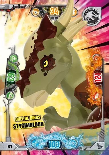 Carte à collectionner LEGO Jurassic World Série 2 n°081 présentant un modèle de dinosaure Stygimoloch vert avec des statistiques graphiques et le titre Duel de dinos.