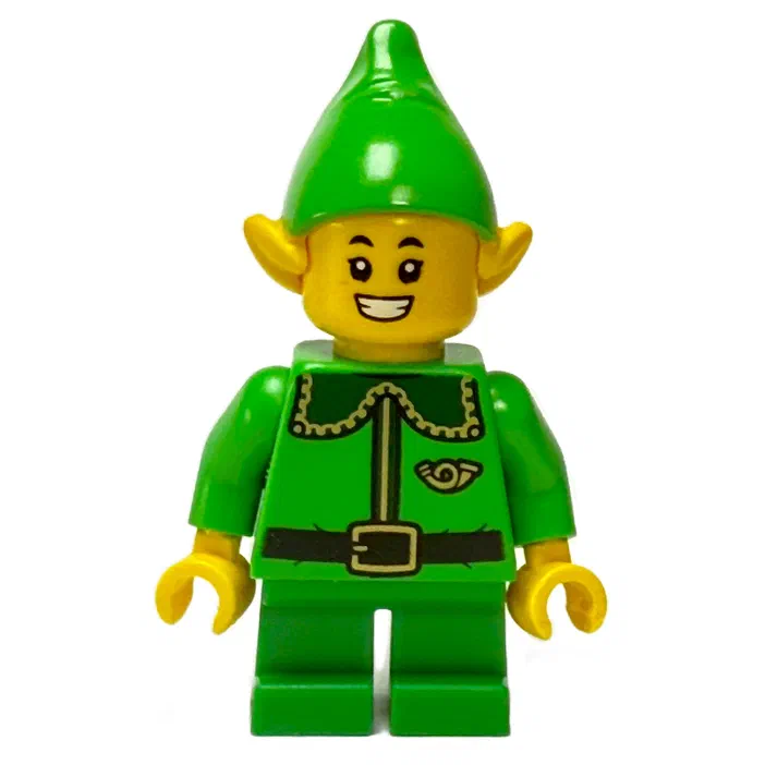 Un minifigurine LEGO vert à l'expression joyeuse avec des oreilles pointues.
