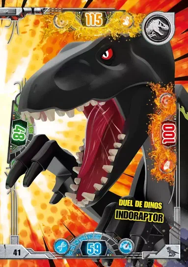Carte LEGO Jurassic World n°41 illustrant un Indoraptor noir aux yeux rouges dans une pose agressive, accompagnée d'indicateurs graphiques et du titre 'Duel de dinos'.