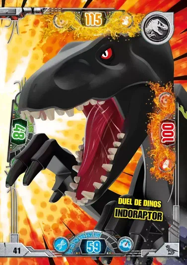 Carte LEGO Jurassic World n°41 illustrant un Indoraptor noir aux yeux rouges dans une pose agressive, accompagnée d'indicateurs graphiques et du titre 'Duel de dinos'.