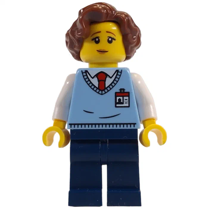 Minifigurine LEGO représentant un employé du Musée d'Histoire Naturelle aux cheveux roux/marron foncé, portant un gilet bleu clair sur chemise blanche avec un badge.