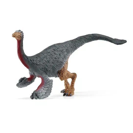Jouet Gallimimus gris à cou rouge et pattes arrière brunes sur fond blanc.