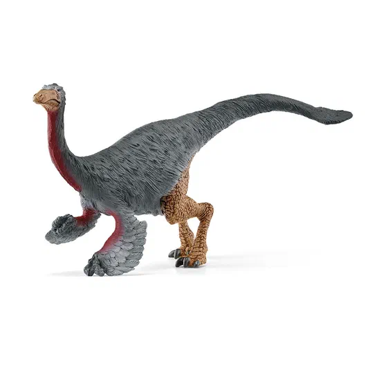 Jouet Gallimimus gris à cou rouge et pattes arrière brunes sur fond blanc.