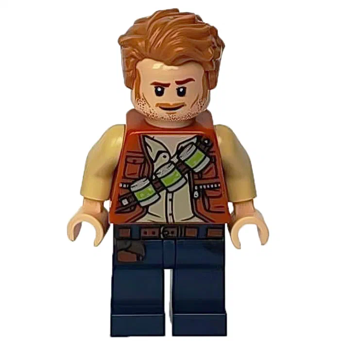 Minifigurine LEGO d'Owen Grady du jeu Jurassic World, avec un gilet orange portant deux canisters et des jambes bleu foncé.