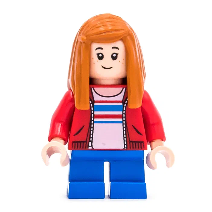 Minifigurine LEGO représentant Maisie Lockwood enfant avec des cheveux roux et un manteau rouge.