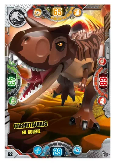 Carte LEGO Jurassic World Série 2 numérotée 062 montrant un dinosaure Carnotaurus en Lego au centre d'un décor volcanique, avec les inscriptions 'CARNOTAURUS EN COLÈRE' et des statistiques sur le cadre.