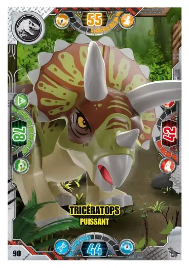 Carte de jeu LEGO Jurassic World représentant un Tricératops puissant, numéro 90, entouré de ses statistiques dans une jungle.