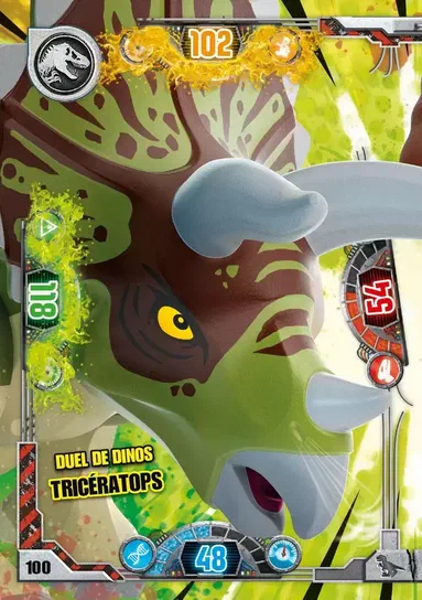 Carte de collection LEGO Jurassic World montrant un Tricératops vert et marron avec le titre Duel de dinos TRICÉRATOPS.